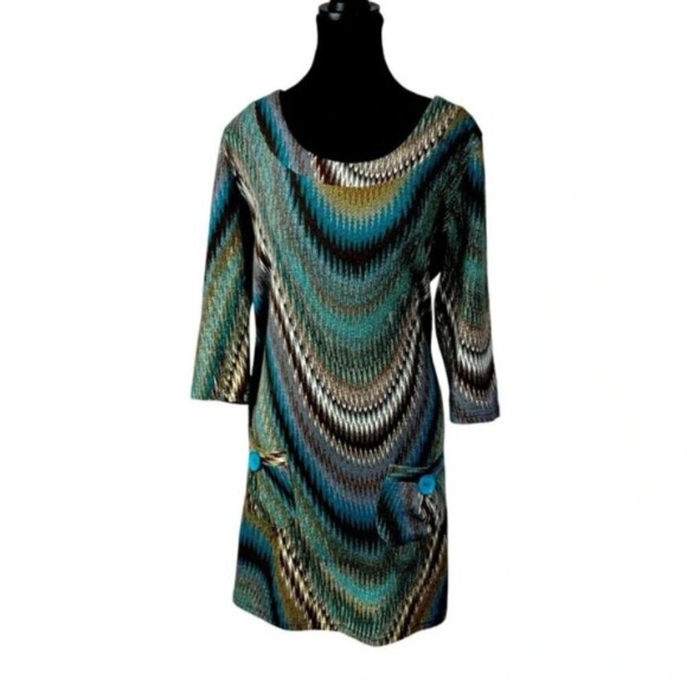 Papillon Dress Womens Large Knit Brown Turquoise 3/4 Sleeves